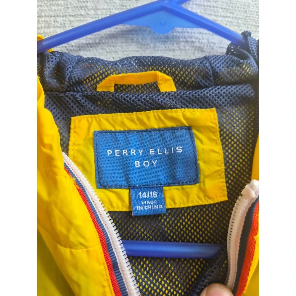 Perry Ellis Windbreaker Popover Packable Jacket Boys 14/16 Yellow Vented Back